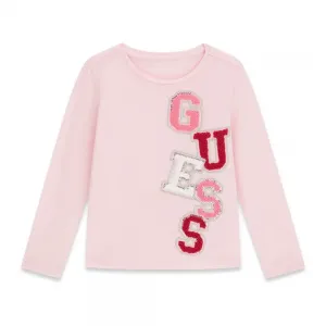 Розова блуза за мини момиче с голям надпис Guess с пайети и текстилни детайли