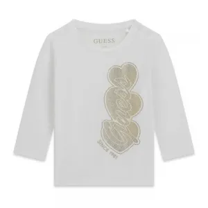 Бяла блуза за мини момиче с голям златист надпис Guess