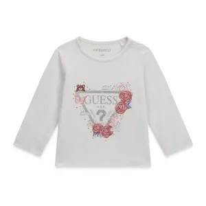 Детска блуза Guess с дълъг ръкав и флорално лого в бяло