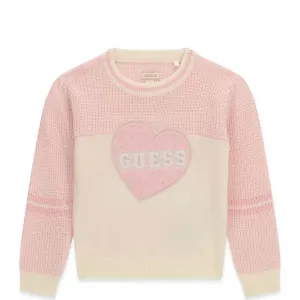 Пуловер в мръсно бяло и розово за мини момиче със сърце Guess