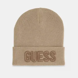 Детска плетена шапка Guess в бежов цвят с голямо релефно лого отпред
