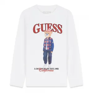 Детска памучна блуза с дълъг ръкав Guess Bear – бяла с мече