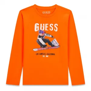 Детска памучна блуза с дълъг ръкав Guess Bear – оранжева с мече сноубордист