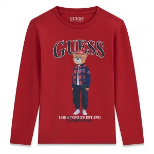 Детска памучна блуза с дълъг ръкав Guess Bear – червена с мече