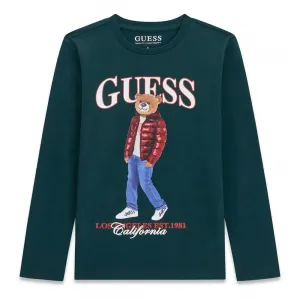 Детска памучна блуза с дълъг ръкав Guess Bear – тъмнозелена с мече