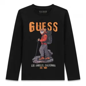 Детска памучна блуза с дълъг ръкав Guess Bear – черна с мече планинар