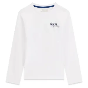 Детска памучна блуза с дълъг ръкав Guess Eco – класическа бяла с малко лого