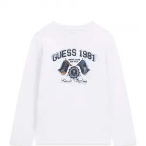 Бяла детска блуза GUESS с дълъг ръкав и винтидж лого