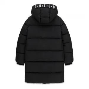 Детско дълго зимно яке GUESS с качулка и контрастна червена подплата в черен цвят(Top Model)