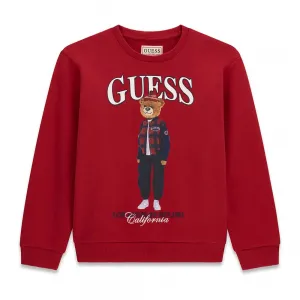 Детска памучна блуза Guess Bear – наситено червена с мече