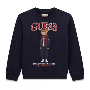 Детска памучна блуза Guess Bear – тъмносиня с мече