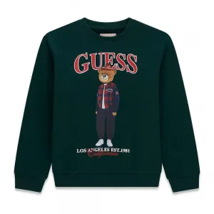 Детска памучна блуза Guess Bear – тъмнозелена с мече