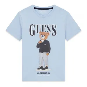 Светло синя тениска за момче с цветно мече и тъмносин надпис Guess