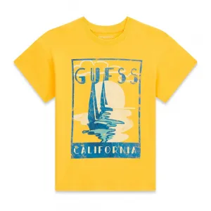 Жълта тениска за момче със синя щампа и надпис Guess