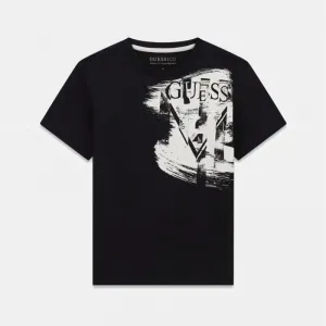 Черна тениска за момче с бяла щампа с надпис Guess