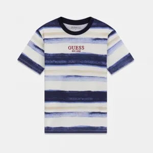 Oversize Тениска райета в сини нюанси за момче и надпис Guess
