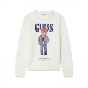 Пуловер в мръснобял цвят за момче с цветно мече Guess