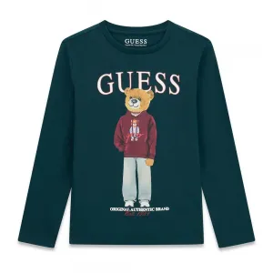 Блуза в тъмно синьо-зелен цвят за момче с цветно мече Guess