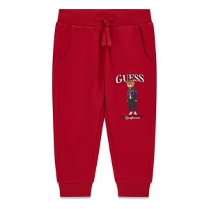 Детско спортно долнище Guess Bear – наситено червено с мече