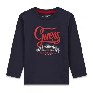 Детска памучна блуза с дълъг ръкав Guess Denim Brand – тъмносиня с червено логo