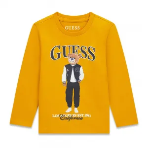 Детска памучна блуза с дълъг ръкав Guess Bear – жълта с мече