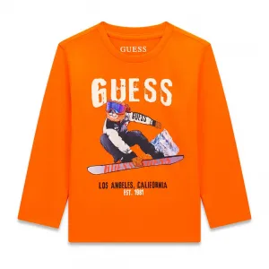 Детска памучна блуза с дълъг ръкав Guess – оранжева с мече сноубордист