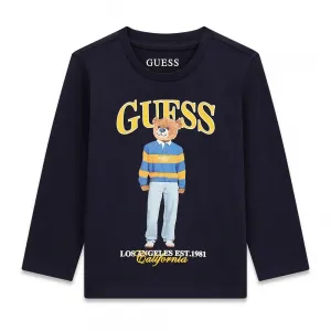 Детска памучна блуза с дълъг ръкав Guess Bear – тъмносиня с мече в жълто-синьо райе