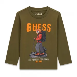 Детска памучна блуза с дълъг ръкав Guess Bear – маслиненозелена с мече планинар