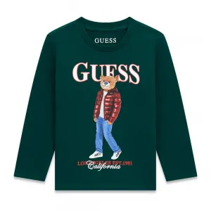 Детска памучна блуза с дълъг ръкав Guess Bear – тъмнозелена с мече в пухено яке