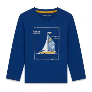 Синя детска блуза GUESS с дълъг ръкав и морска щампа с платноходка