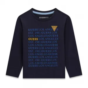 Тъмносиня детска блуза GUESS с дълъг ръкав и повтарящо се лого
