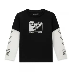 Черно-бяла детска блуза GUESS с 3D лога и контрастни ръкави