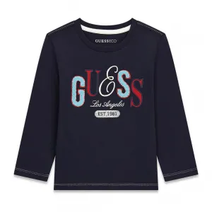 Детска памучна блуза с дълъг ръкав Guess Vintage Multi-Logo – тъмносиня с раздвижен надпис