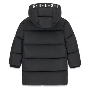 Дълго детско зимно яке GUESS с качулка и контрастен червен хастар