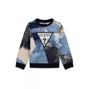 Детска памучна блуза Guess Geometric Triangle – синьо-бял абстрактен принт