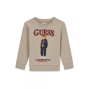 Детска памучна блуза Guess Bear – бежова с мече в карирано яке