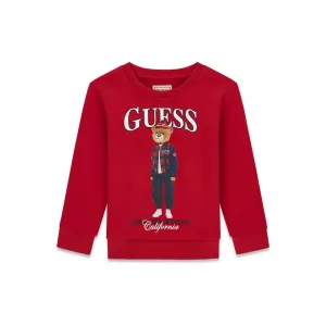 Детска памучна блуза Guess Bear – наситено червена с мече в карирано яке