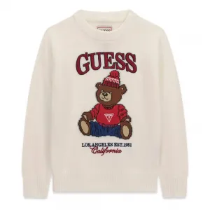 Плетен детски пуловер GUESS с мече и лого в цвят екрю 