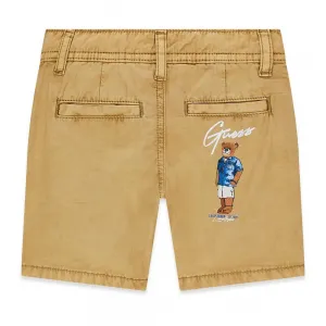 Къси панталони в бежов цвят за мини момче с цветно мече Guess