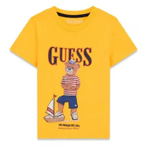 Жълта тениска за мини момче с цветно мече отпред и черен надпис Guess