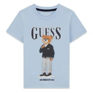 Светлосиня тениска за мини момче с цветно мече отпред и тъмносин надпис Guess