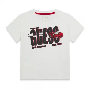 Бяла тениска за мини момче с черен надпис и кола Guess