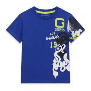 Синя тениска за мини момче с графики и надпис Guess