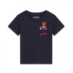 Тъмно синя тениска с джоб и мече за мини момче Guess
