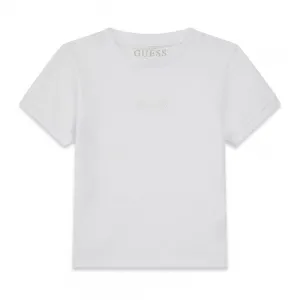 Бяла тениска за мини момче с бродиран бял надпис Guess