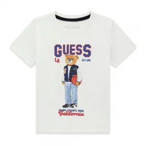 Тениска в бял цвят за мини момче с цветно мече и син надпис Guess