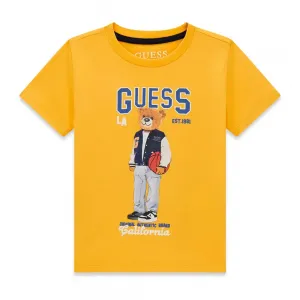 Тениска в жълт цвят за мини момче с цветно мече и син надпис Guess