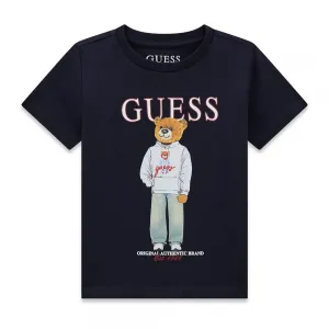 Тениска в тъмносин цвят за мини момче с цветно мече и бял надпис Guess
