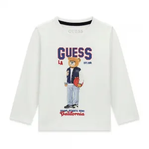 Блуза в бял цвят за мини момче с цветно мече и син надпис Guess