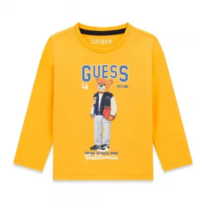 Блуза в жълт цвят за мини момче с цветно мече и син надпис Guess